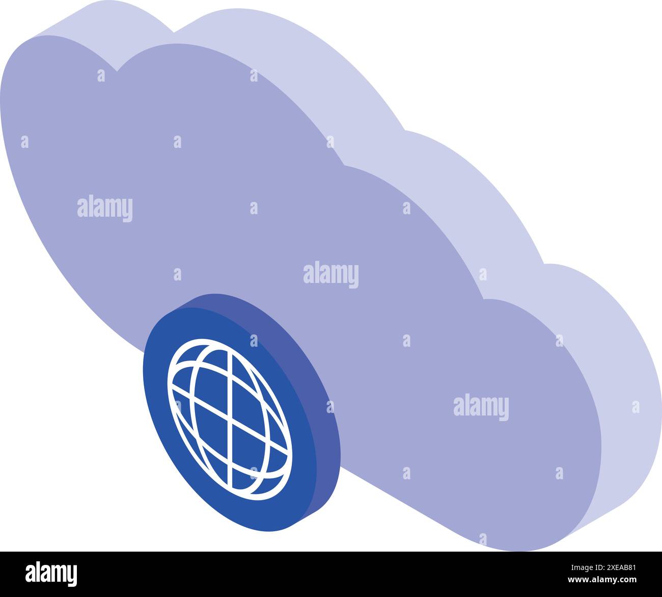 Blue cloud is hovering over a blue circle with a white globe inside, representing cloud computing connecting to a global network Stock Vector