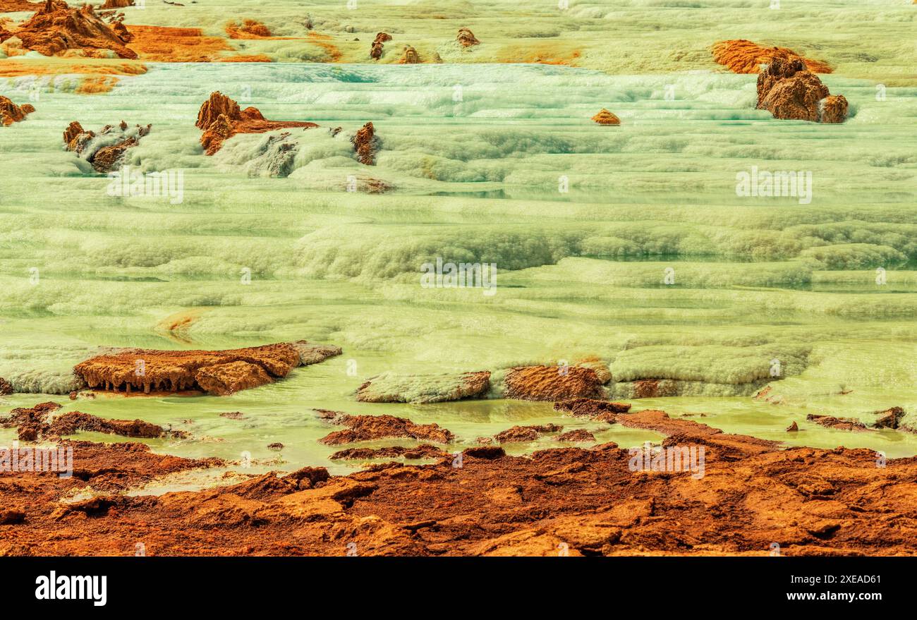 Colorful abstract apocalyptic landscape like moonscape of Dallol Lake ...