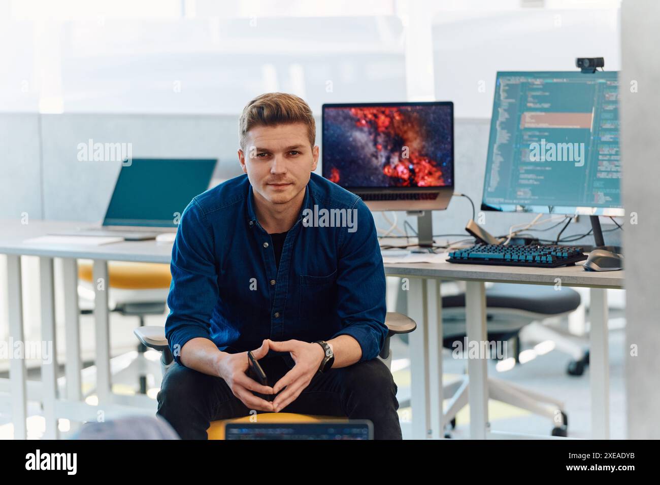 Programming. Man Working On Computer In IT Office, Sitting At Desk Writing Codes. Programmer Typing Data Code, Working On Projec Stock Photo