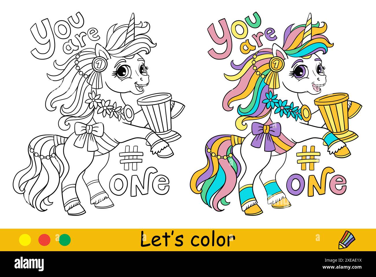 Cartoon dreaming unicorn winner with goblet and lettering. Kids ...