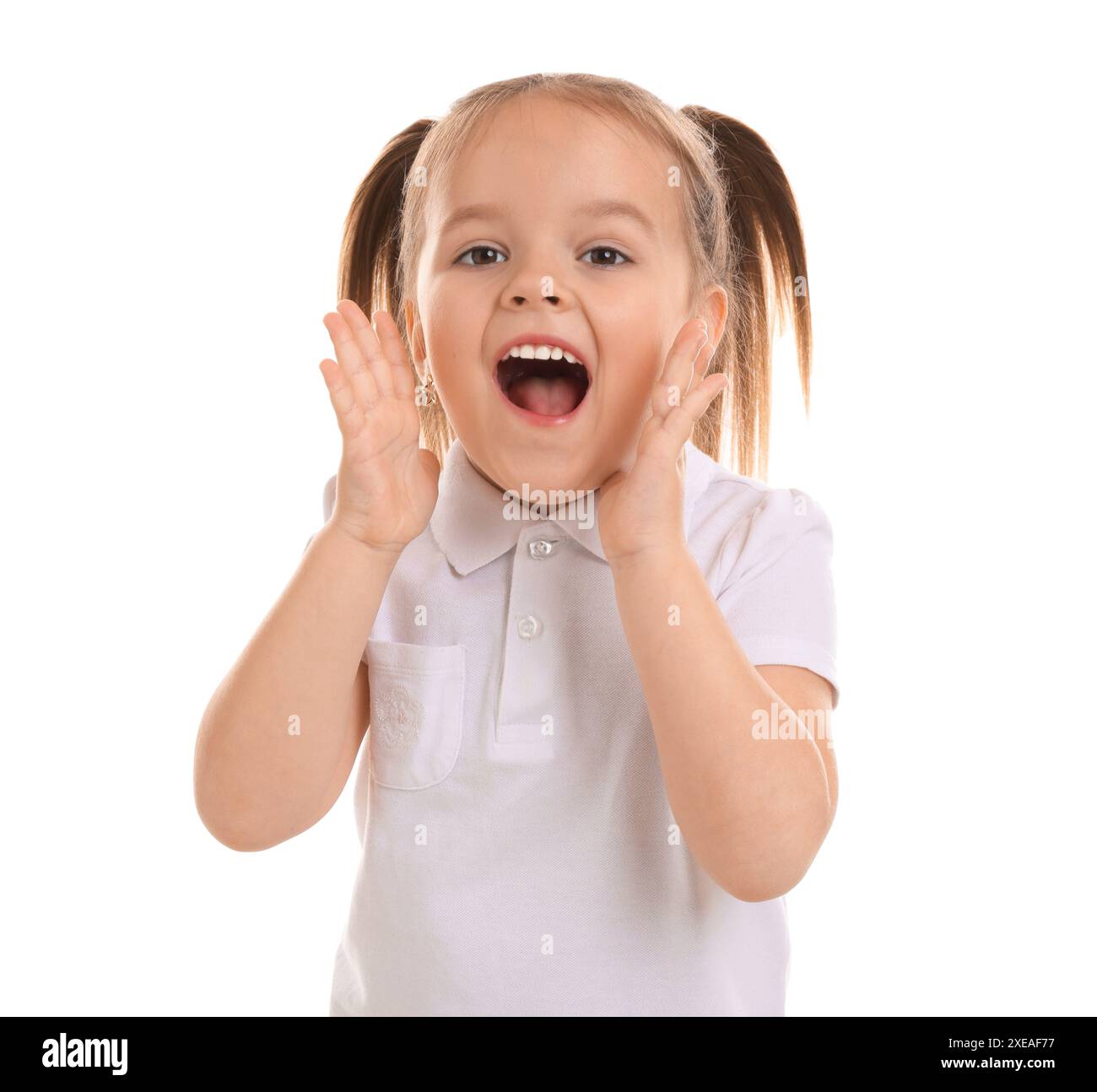 Portrait of emotional little girl on white background Stock Photo - Alamy