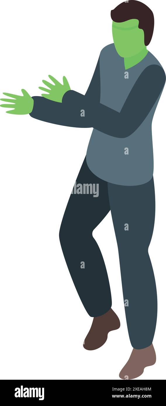 Green zombie man character standing in scary pose with hands up