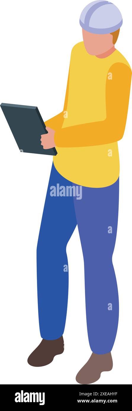 Construction manager wearing helmet holding tablet and controlling working process on site Stock Vector