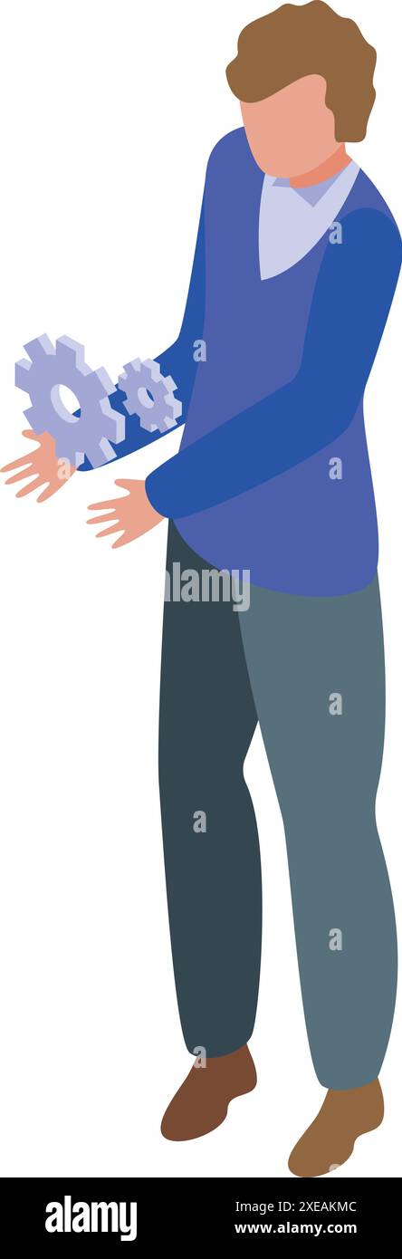 Young software developer is holding gears, symbolizing his expertise in programming and software development Stock Vector
