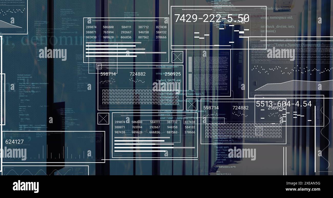 Image of graphs, loading bars, circles and computer language over server room Stock Photo