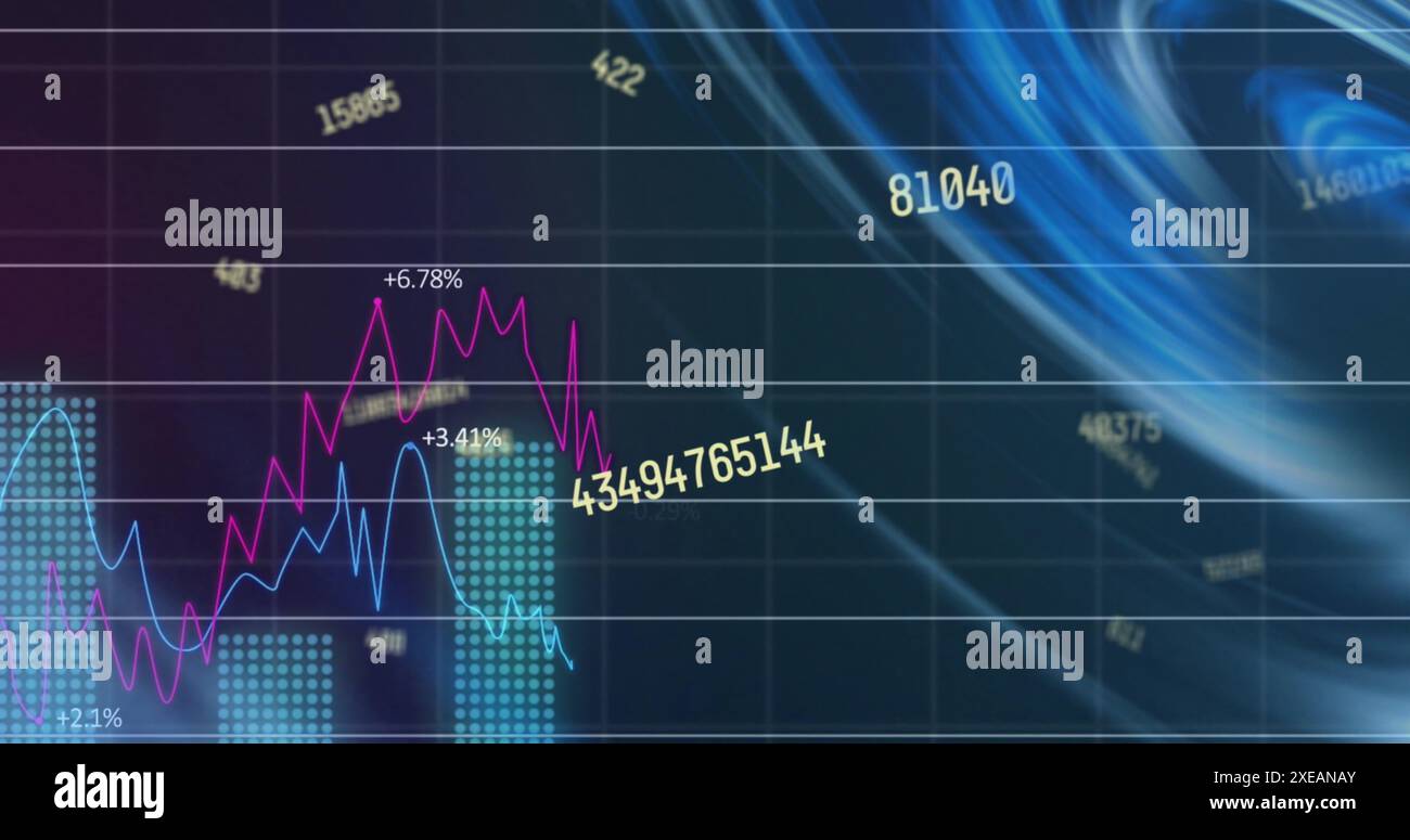 Image of changing numbers against neon round scanner and statistical data processing Stock Photo