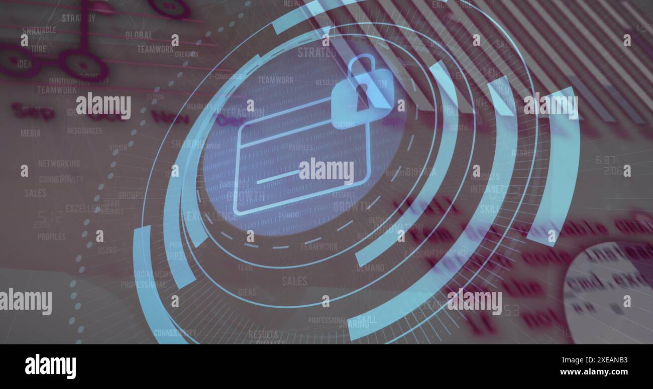 Image of security padlock icon over round scanner against statistical data processing Stock Photo