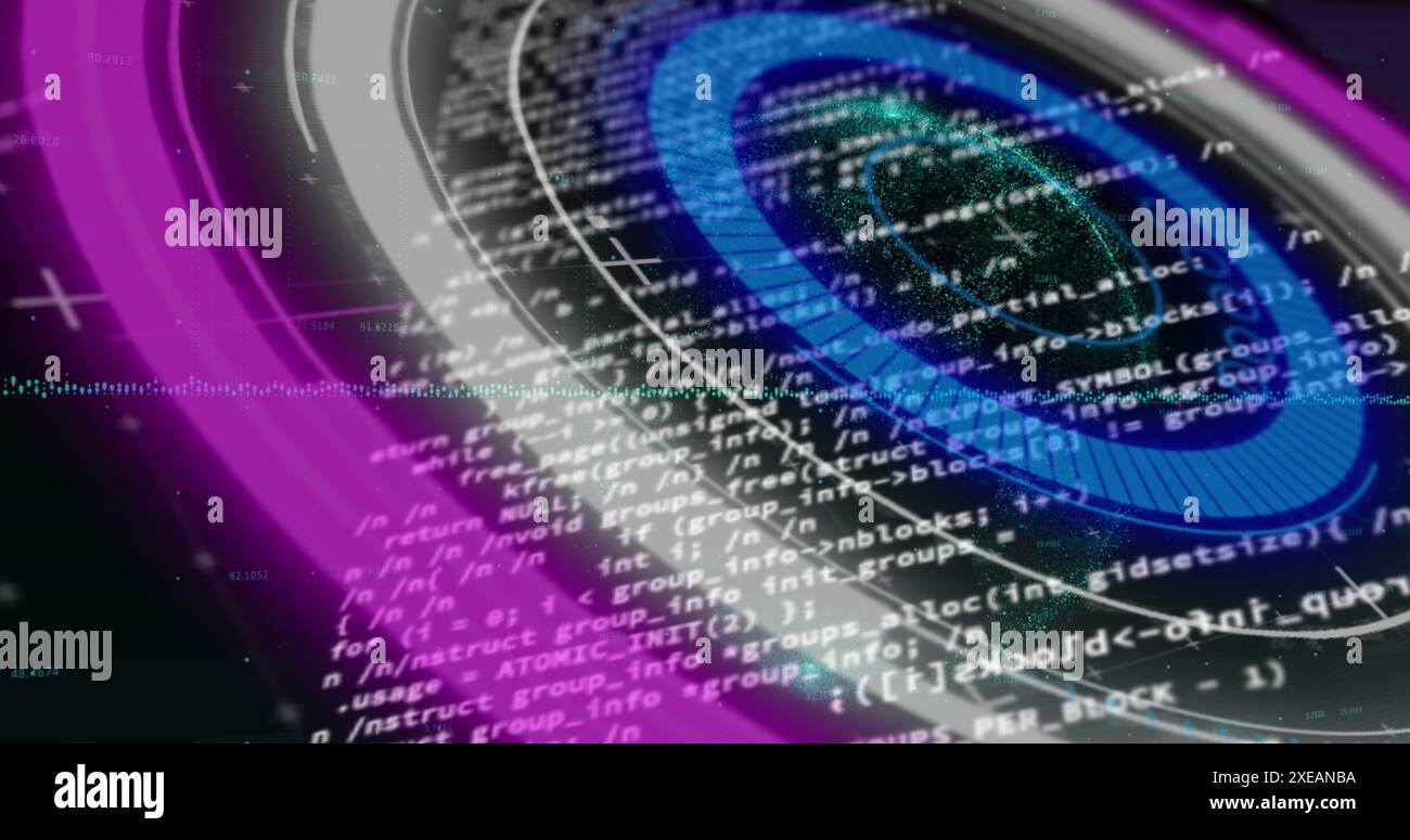 Image of neon round scanner spinning over data processing against black ...