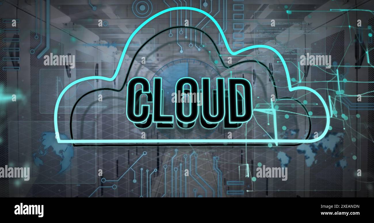 Cloud computing concept with digital connections and data center background Stock Photo