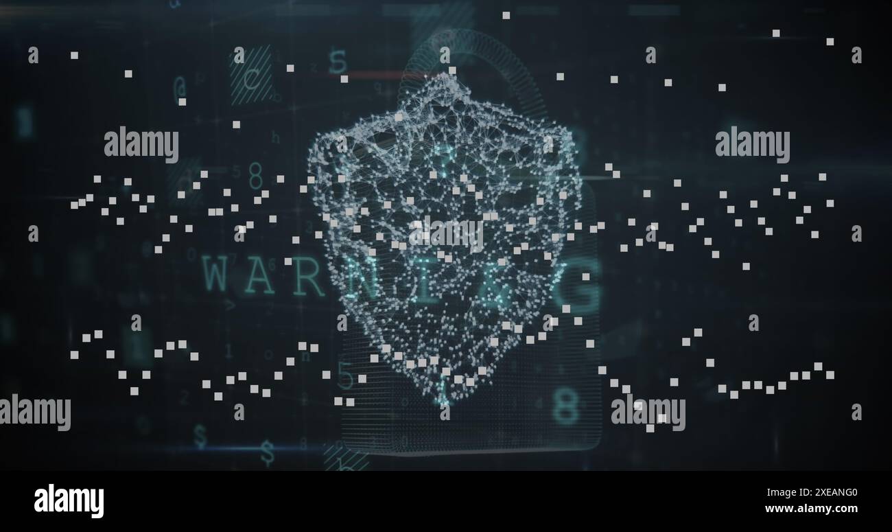 Image of cyber security data processing over security sheild icon against black background Stock Photo
