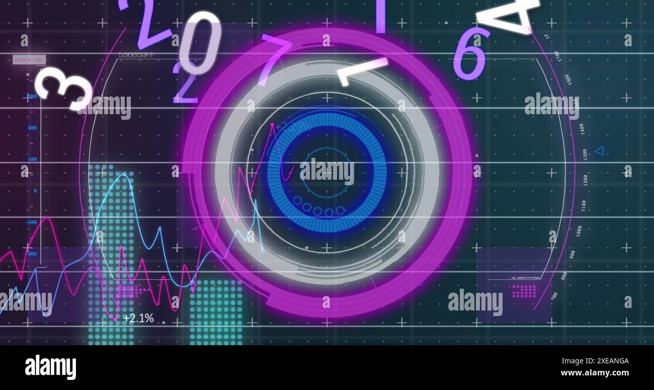 Image of changing numbers against neon round scanner and statistical data processing Stock Photo
