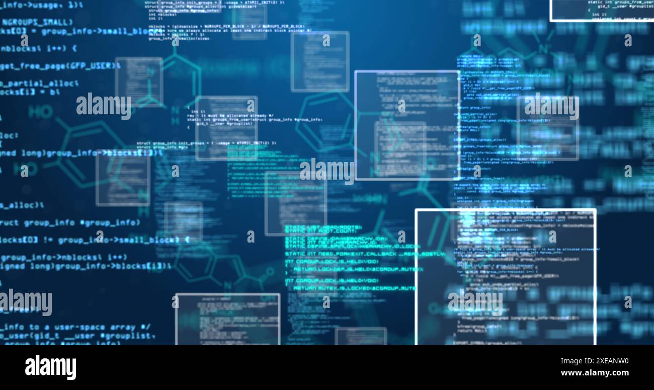 Image of data processing over hexagons and blue background Stock Photo