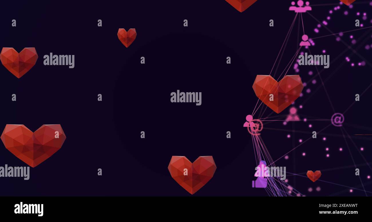 Image of hearts falling on black background with icons and connections ...