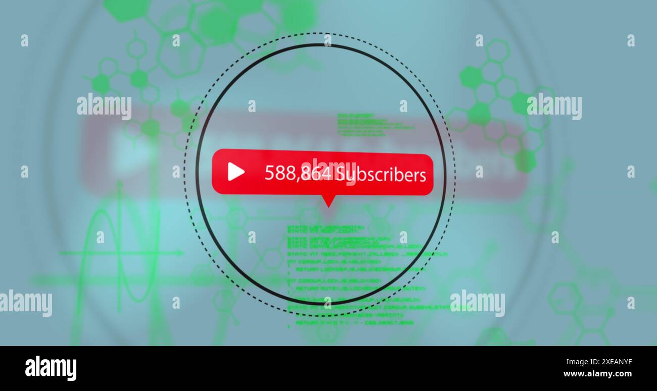 Image of subscriber numbers increasing, circle, data processing on digital interface Stock Photo