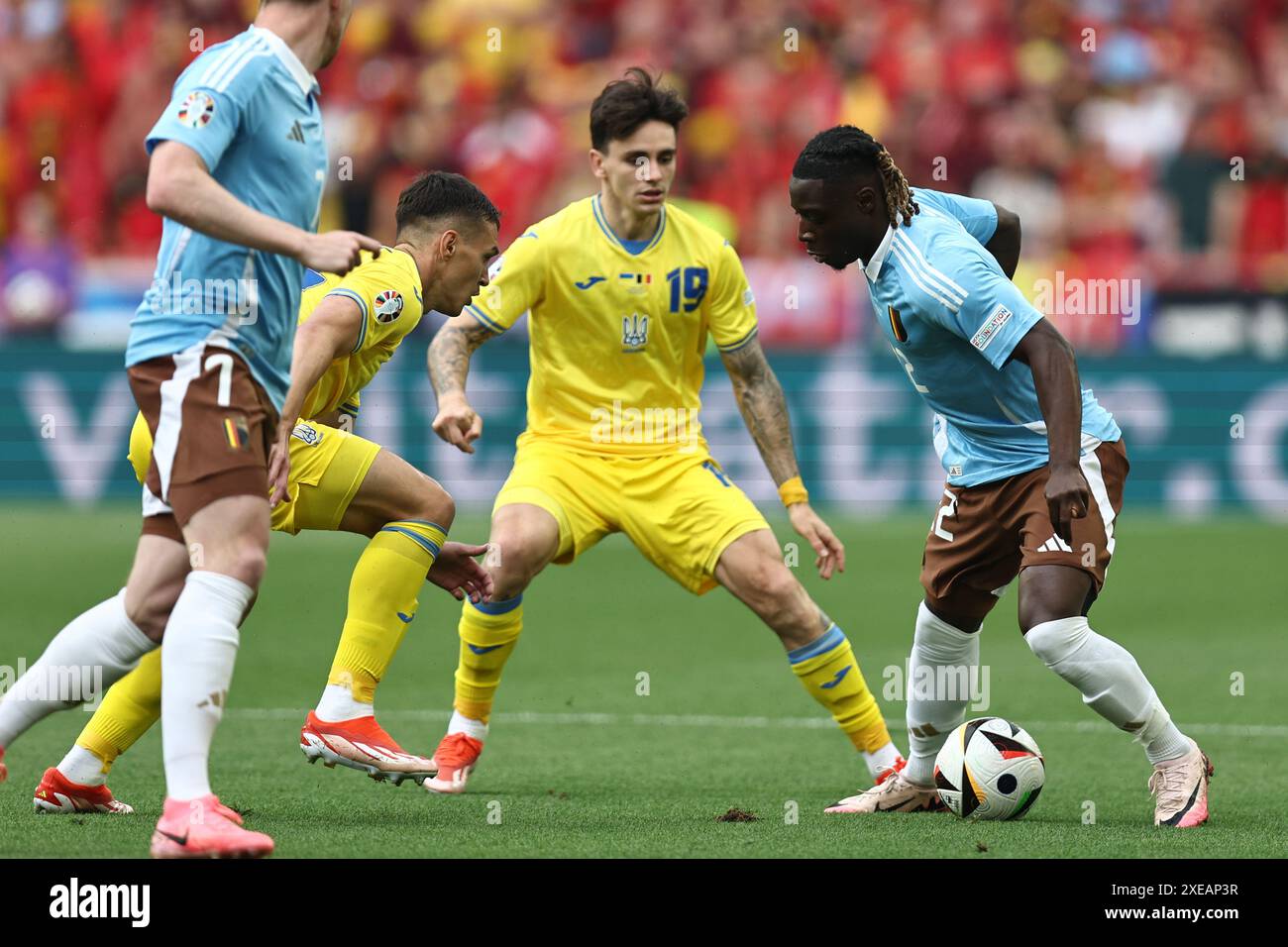 Oleksandr Tymchyk (Ukraine)Jeremy Doku (Belgium) during the UEFA Euro Germany 2024 match between Ukraine 0-0 Belgium at Stuttgart Arena on June 26, 2024 in Stuttgart, Germany. Credit: Maurizio Borsari/AFLO/Alamy Live News Stock Photo