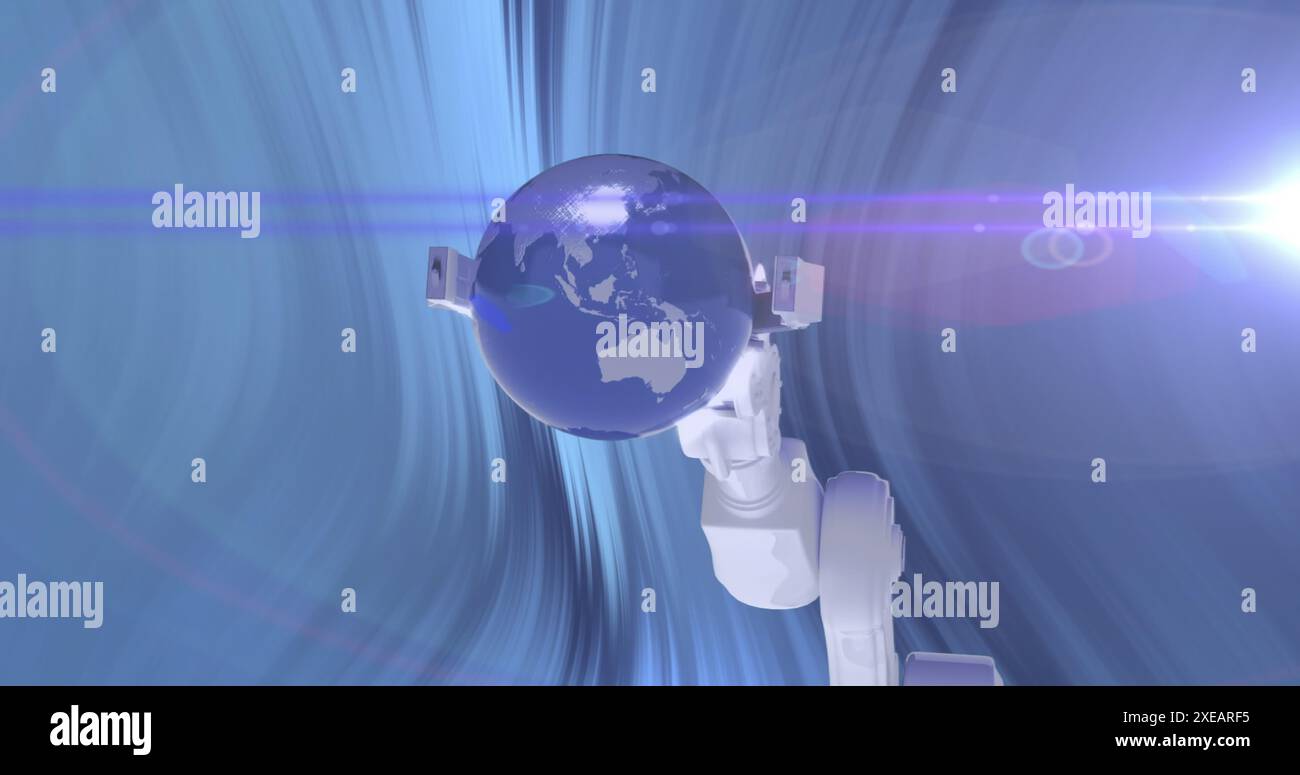 Image of light trails over robotic hand with globe on blue background Stock Photo