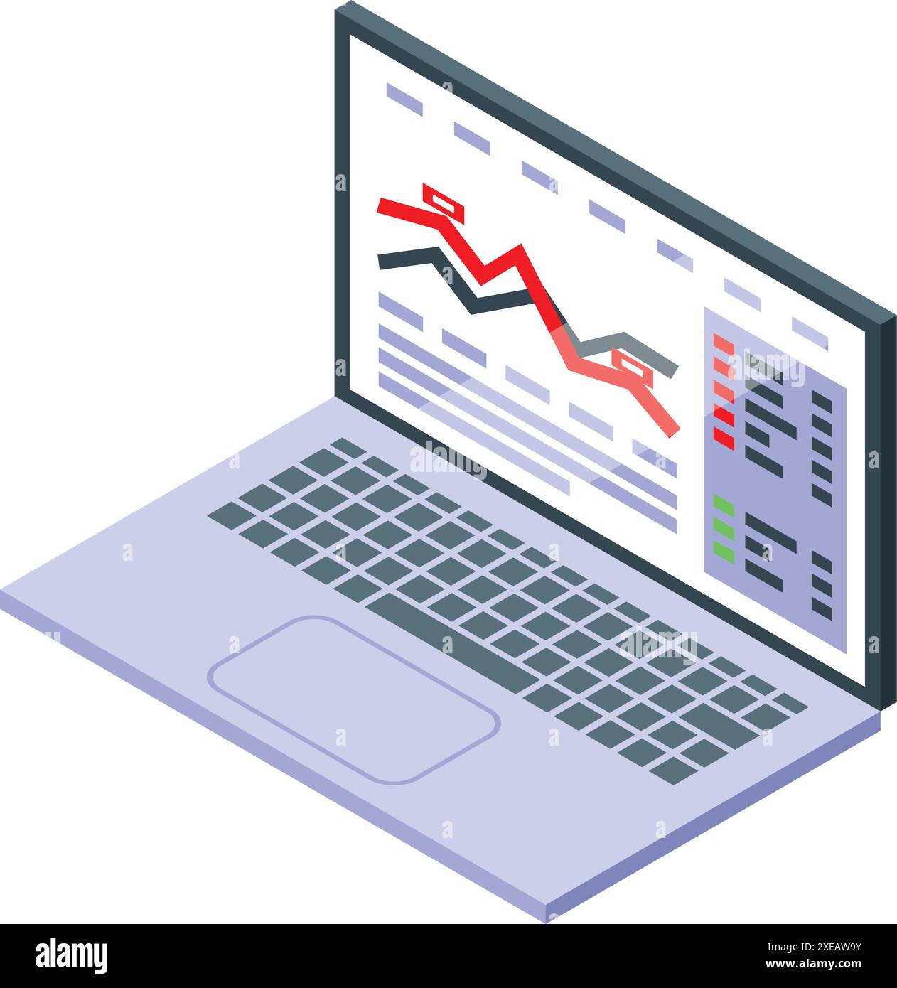 Laptop displaying a financial chart with a red arrow pointing down ...