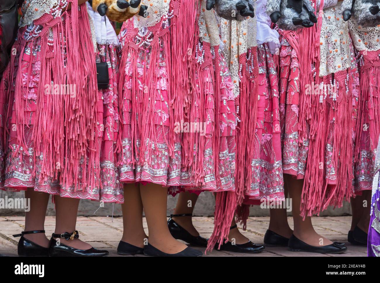 Dance group with traditional costumes and musical instruments in Peru ...