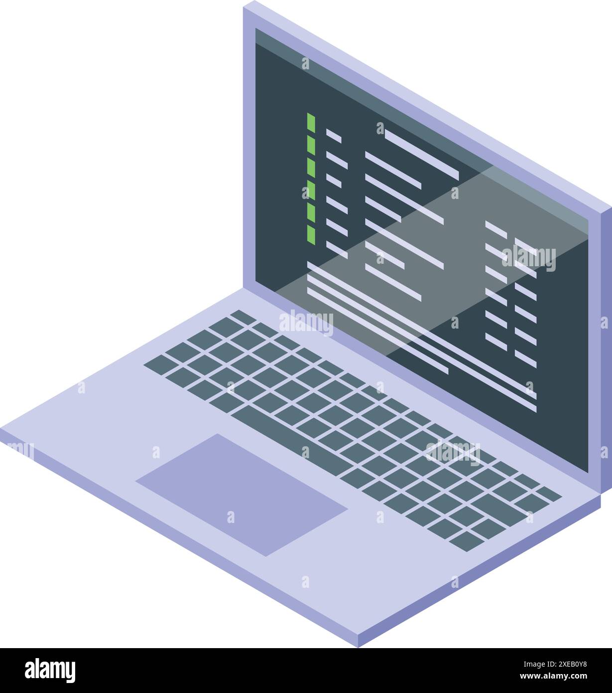 Laptop showing programming code on screen, isometric view Stock Vector