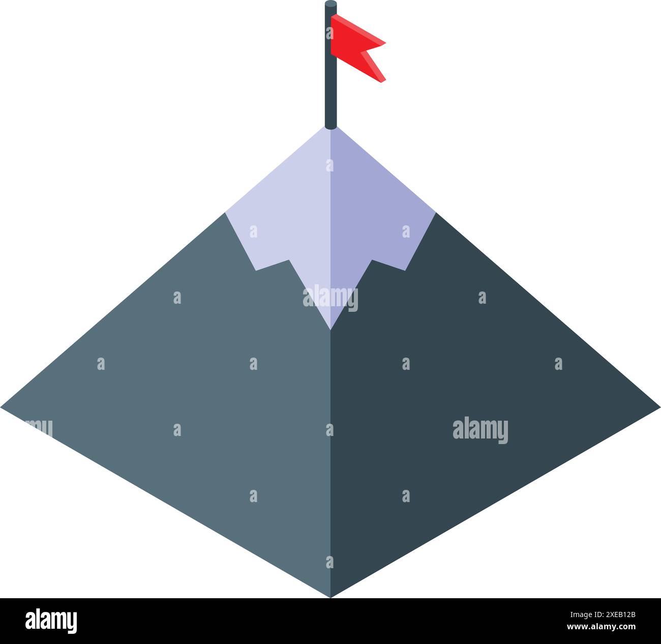 Isometric mountain peak with red flag representing achieving business goals Stock Vector
