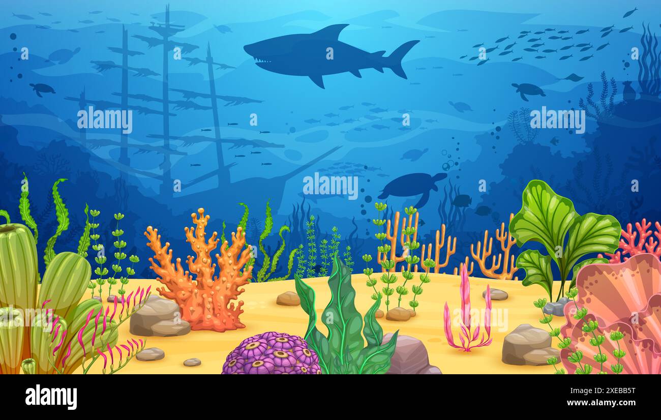 Cartoon Underwater Landscape Game Background With Sunken Pirate Ship On Tropical Coral Reef Bottom Vector Shipwreck Underwater Landscape Of Fish Shoals Corals Seaweeds And Rocks In Blue Water 2s2agr0