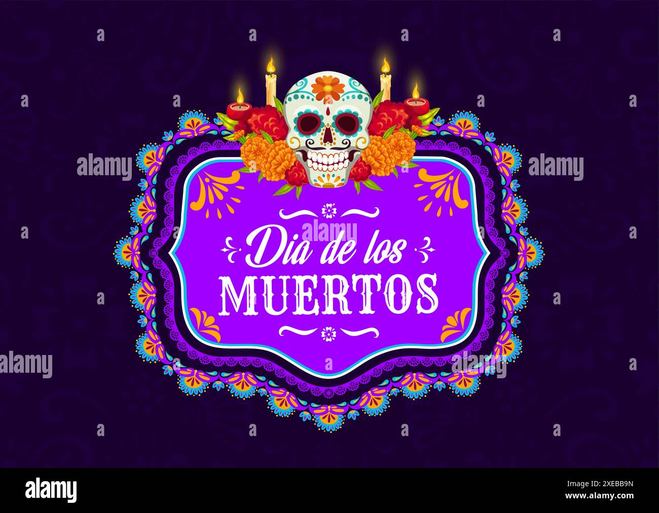 Mexican frame with skull and candle, dead day dia de los Muertos holiday. Vector traditional border with vibrant sugar skull, marigolds and flickering candles symbolizing remembrance and celebration Stock Vector