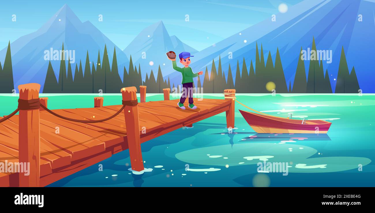Boy on wood lake dock throw stone in water vector landscape. Wharf and