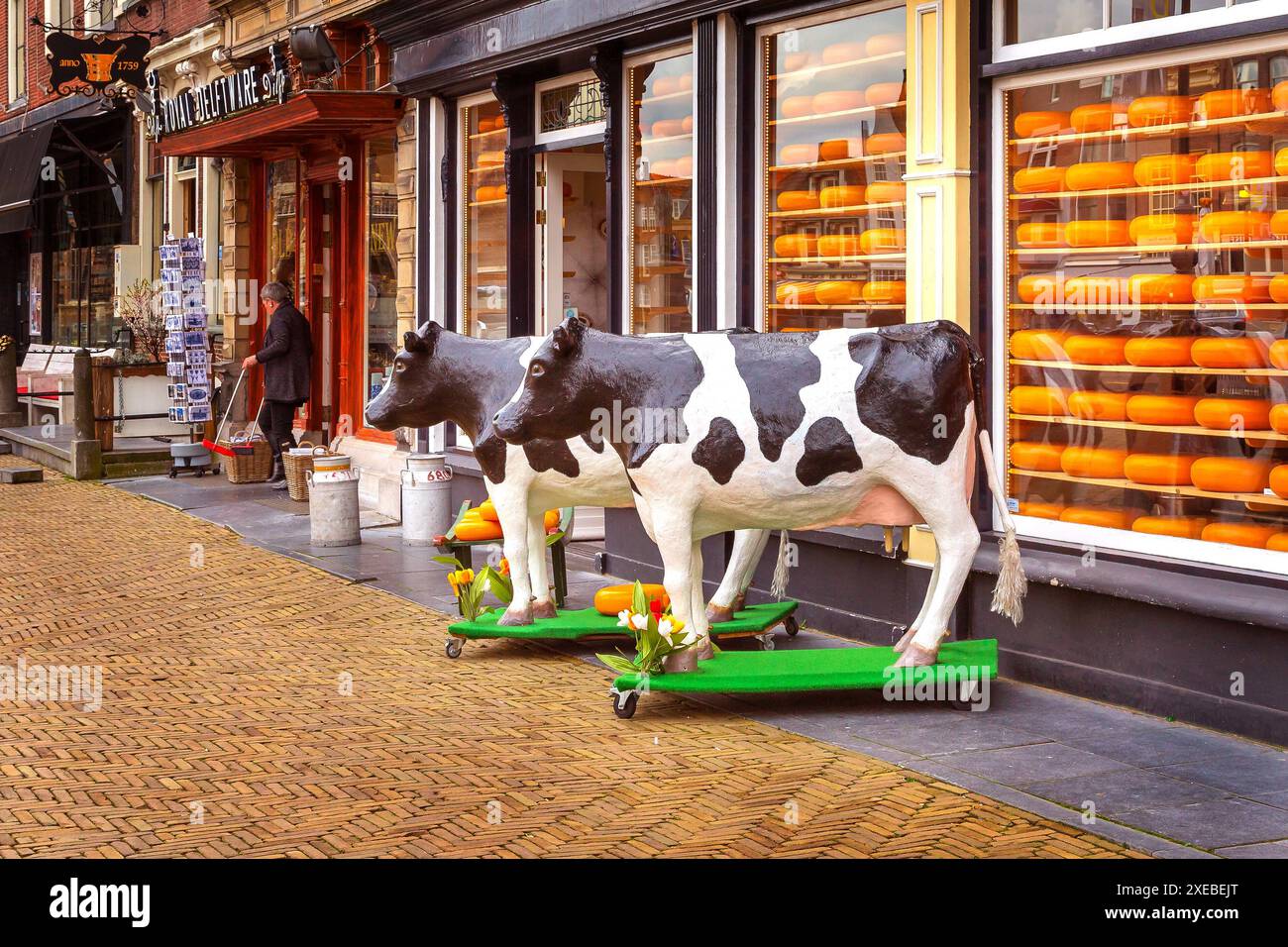 Delft, Netherlands Dutch cheese shop and cow figurines Stock Photo