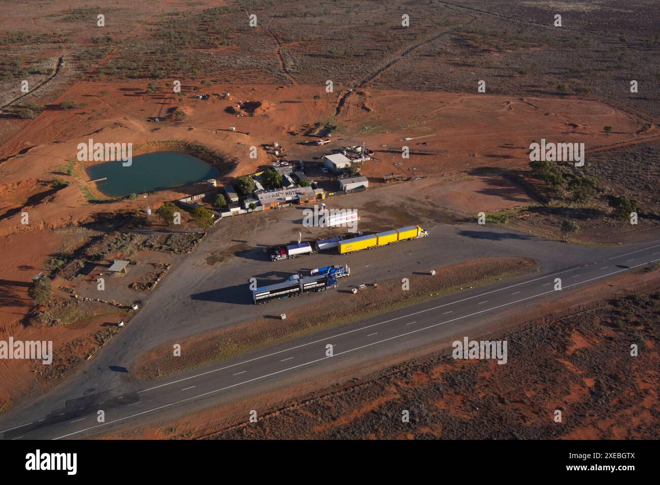 Aerial of the isolated Little Topar Hotel Roadhouse on the Barrier Highway between Broken Hill