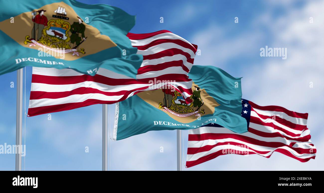 Delaware state flag waving with the national american fla Stock Photo