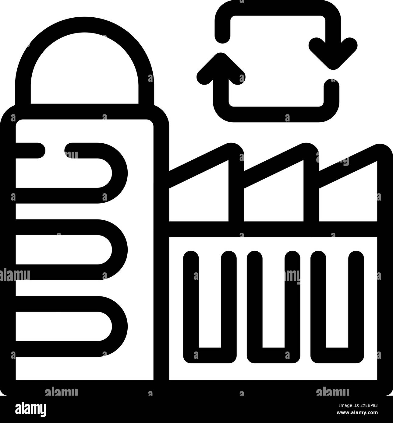Line icon of a factory practicing a circular economy model with arrows