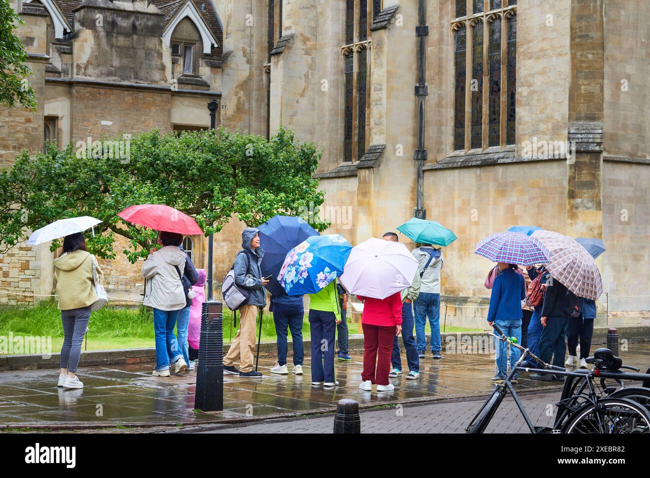 Chinese tourists with umbrellas outside the chapel and Newton's lawn at Trinity College, University of Cambridge, England, on a wet, rainy day. Stock Photo