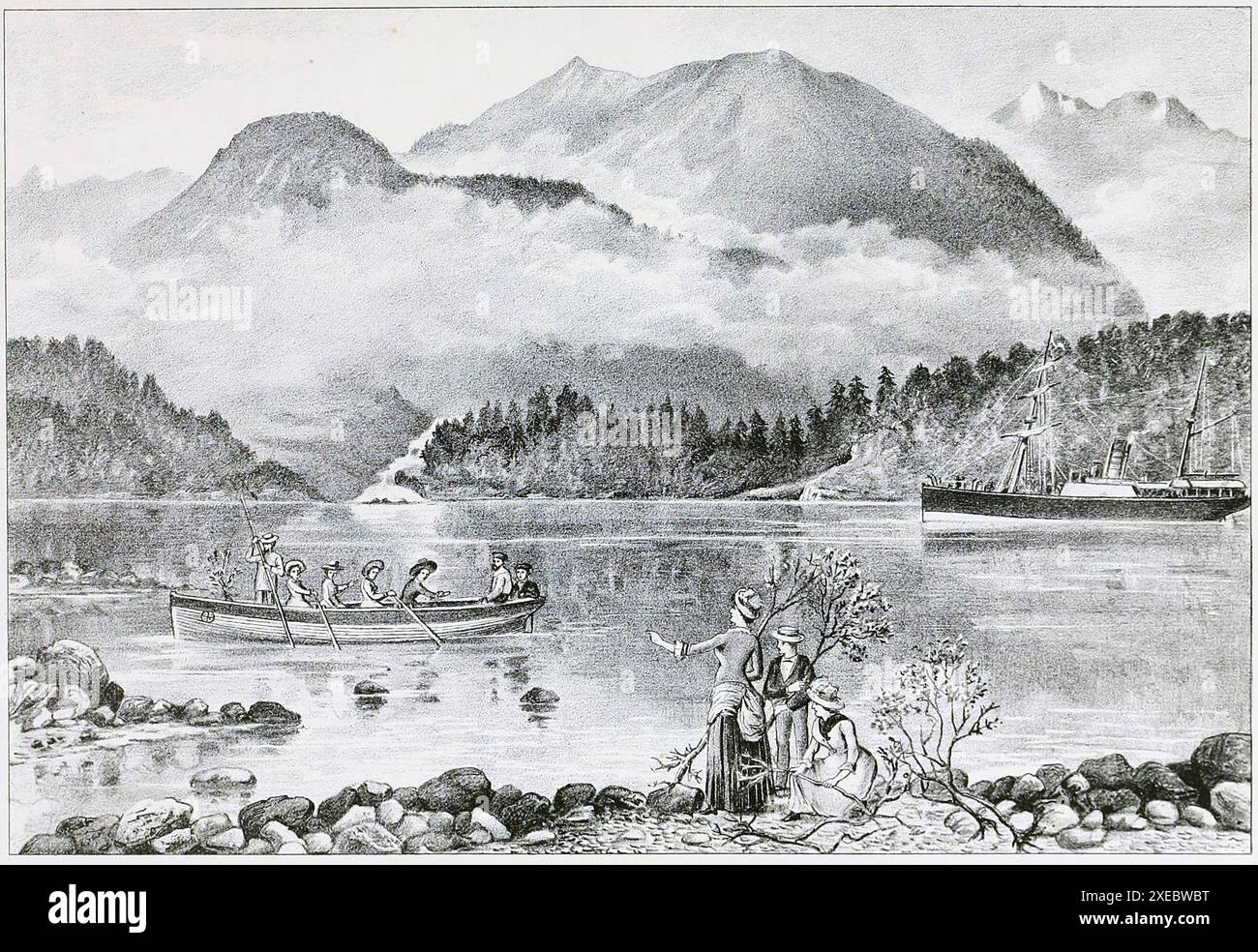 Engraving of tourists at George Sound, Fiordland, New Zealand., circa ...