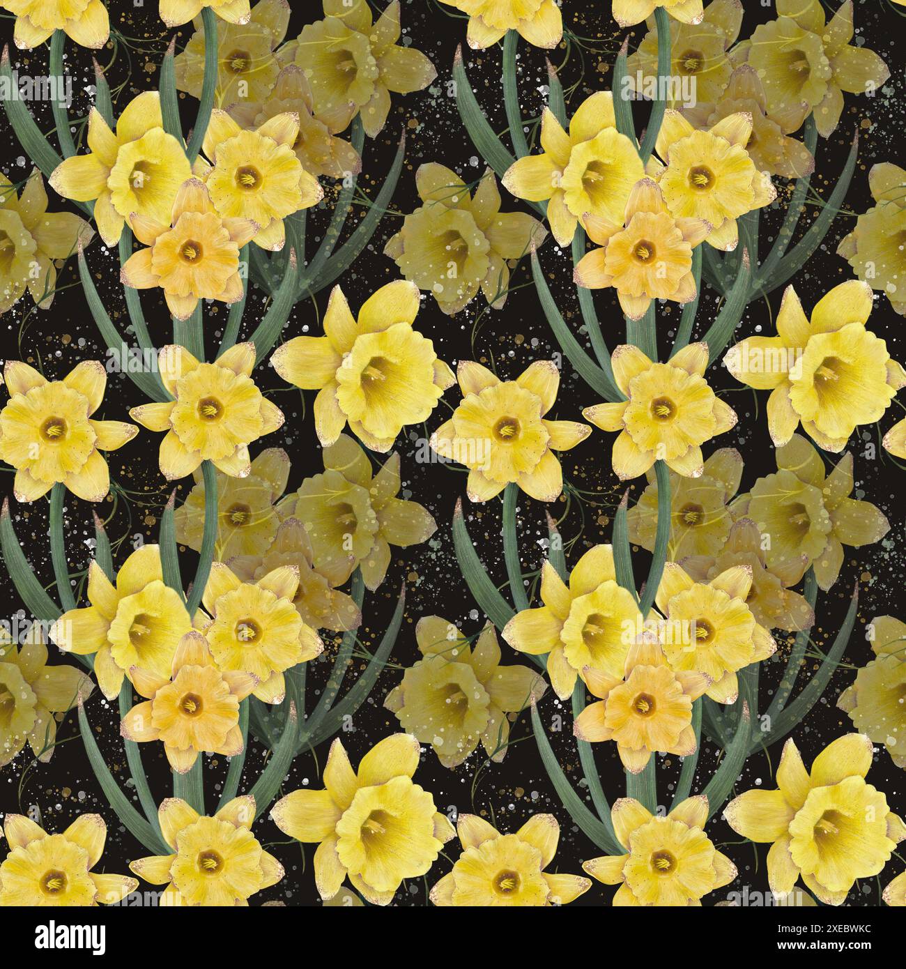 Seamless pattern of vibrant yellow daffodil flowers with green stems on ...