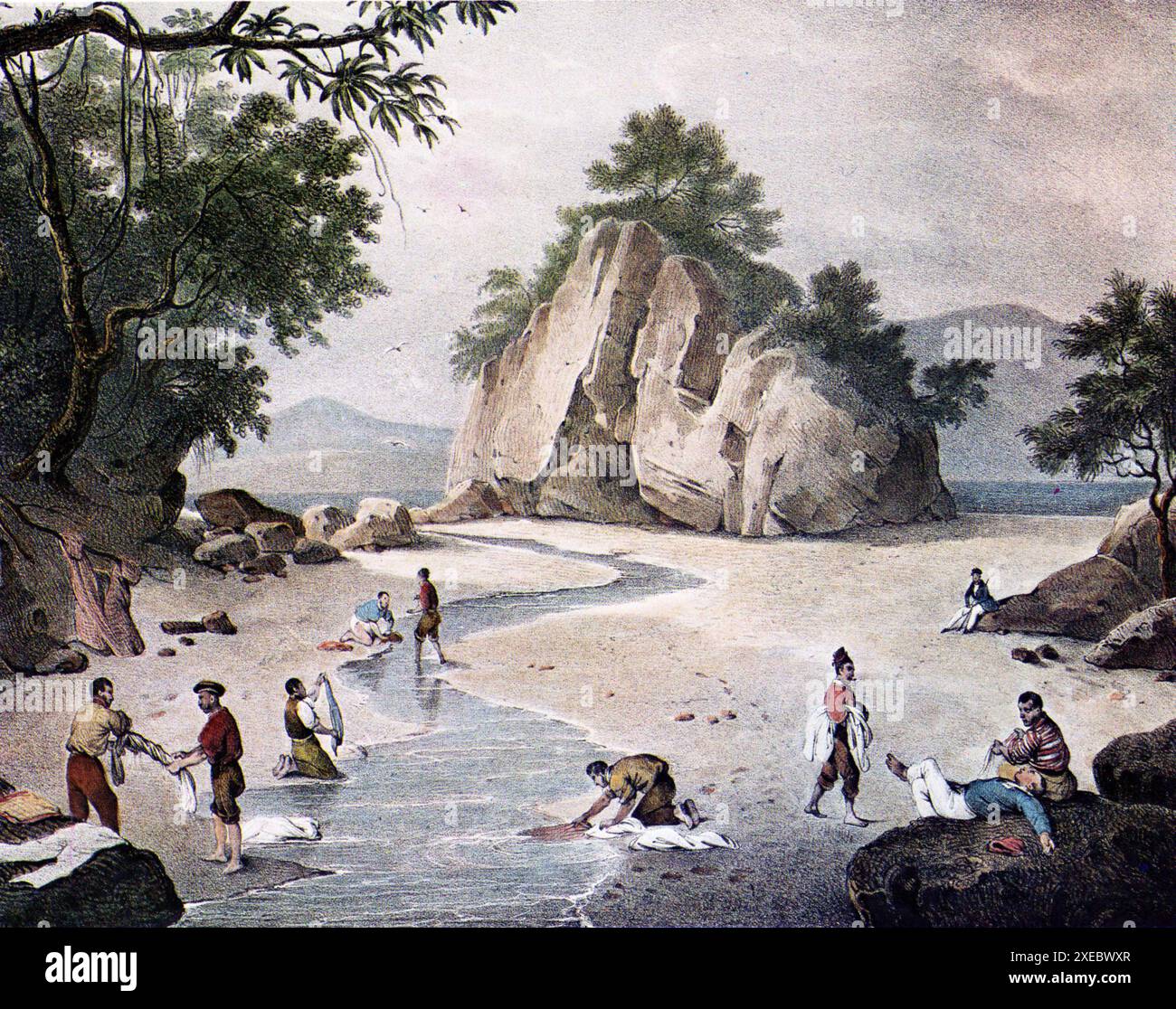 crew members of the French ship Astrolabe take some time ashore to relax and do their washing while visiting New Zealalnd in 1775 Stock Photo