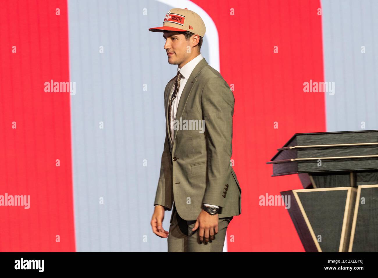 Reed Sheppard is seen after being picked number three by the Houston Rockets in the first round of the 2024 NBA draft at the Barclays Center in Brooklyn, New York on June 26, 2024 Stock Photo