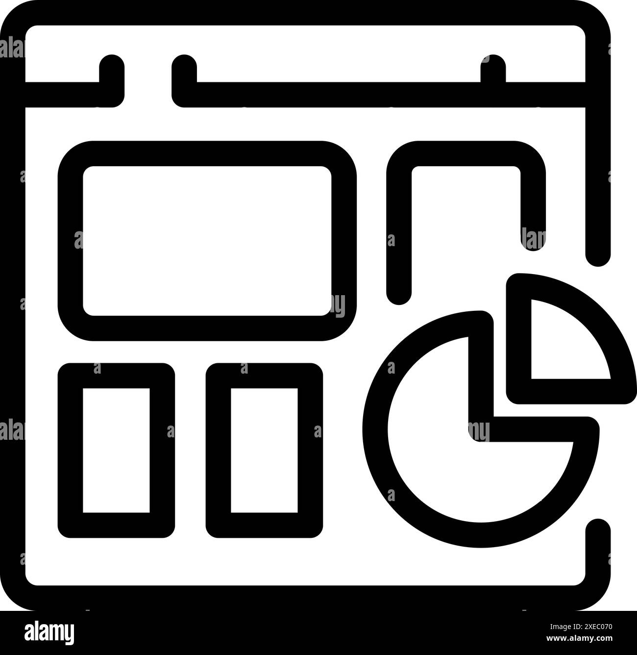 Line icon of a webpage layout showing analytics with a pie chart Stock Vector