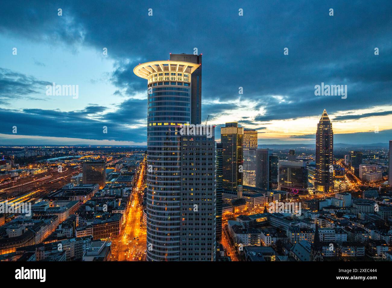 View of Frankfurt skyline. modern high-rise buildings in the glow of the sunset ...