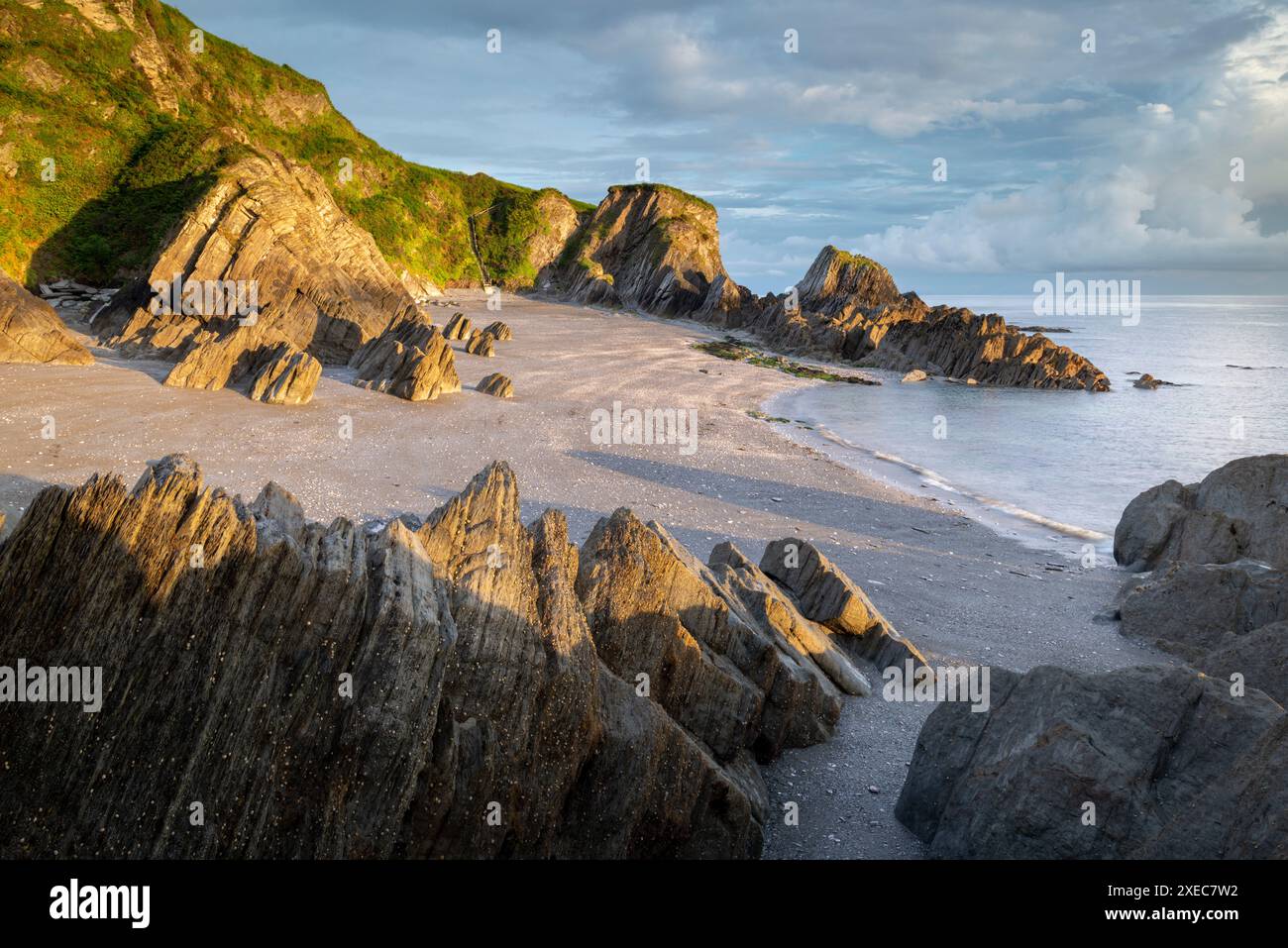 Deserted beach at Lee Bay, North Devon, England. Summer (June) 2019. Stock Photo