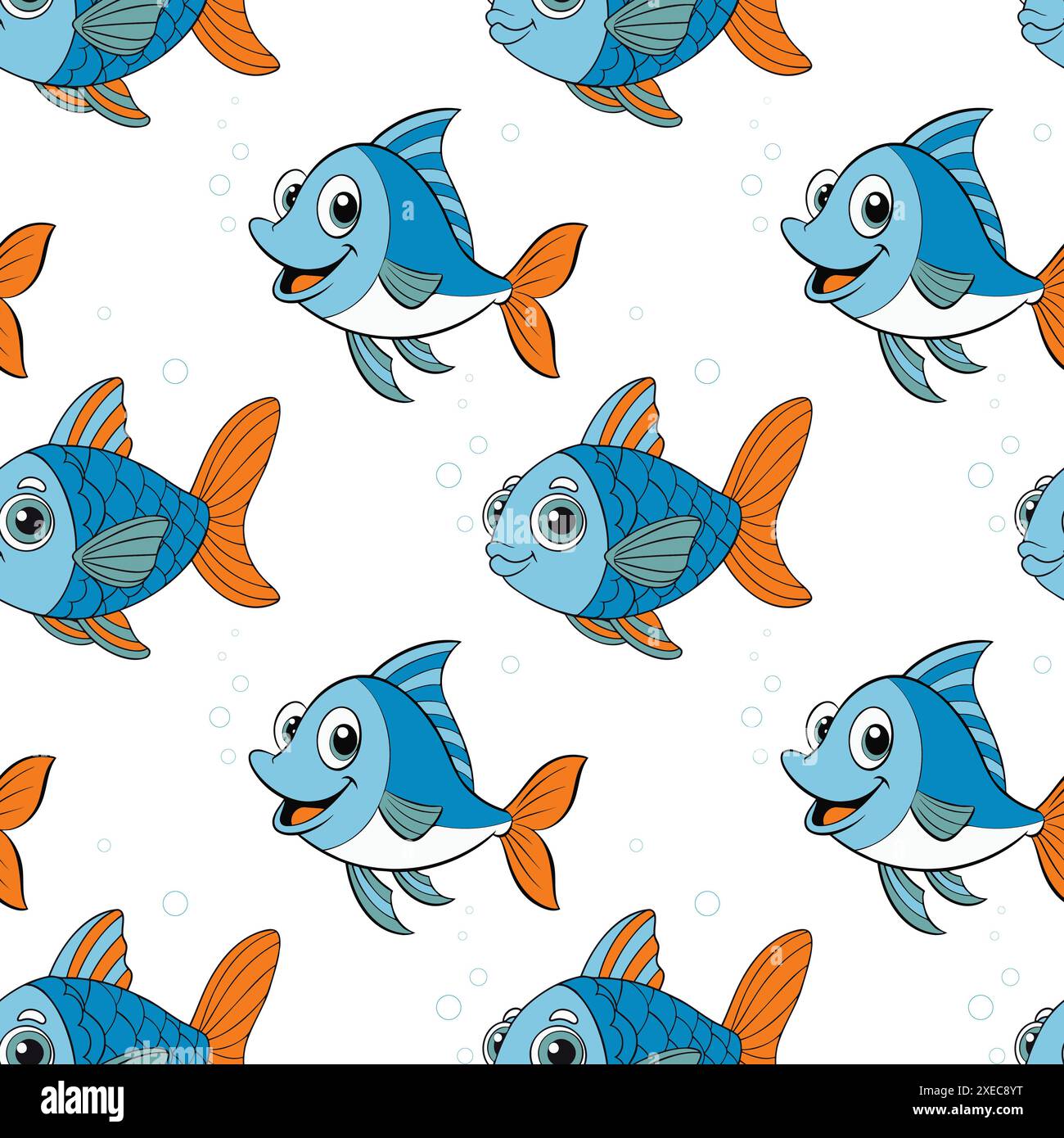 Fish pattern in blue and orange with bubbles on white background. Vector illustration Stock Vector