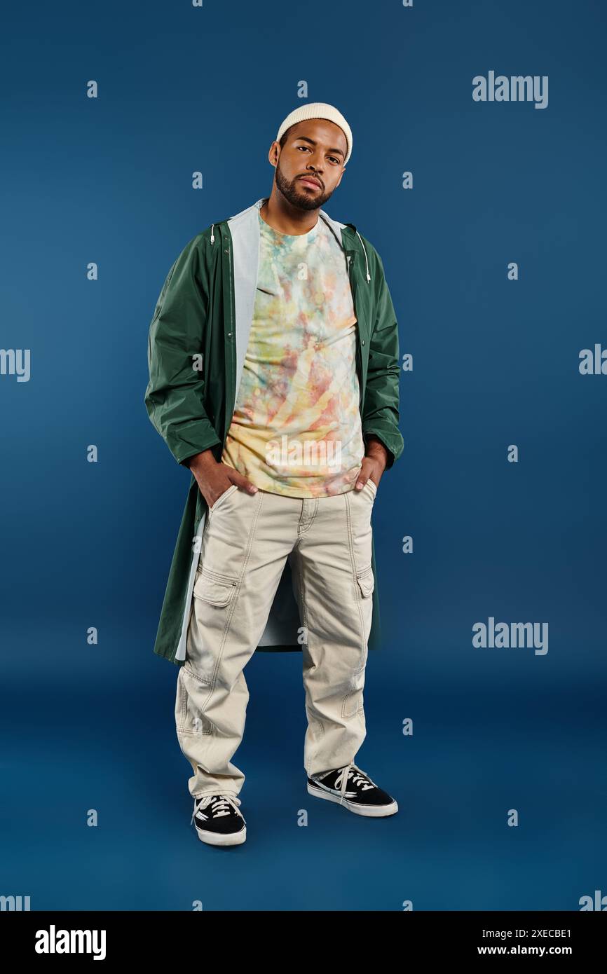 Stylish African American man standing confidently in front of a vibrant ...