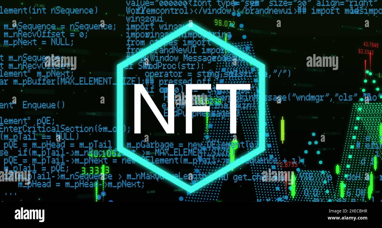 Programing Nft Hologram on black background with hexagon pattern Stock Photo - Alamy