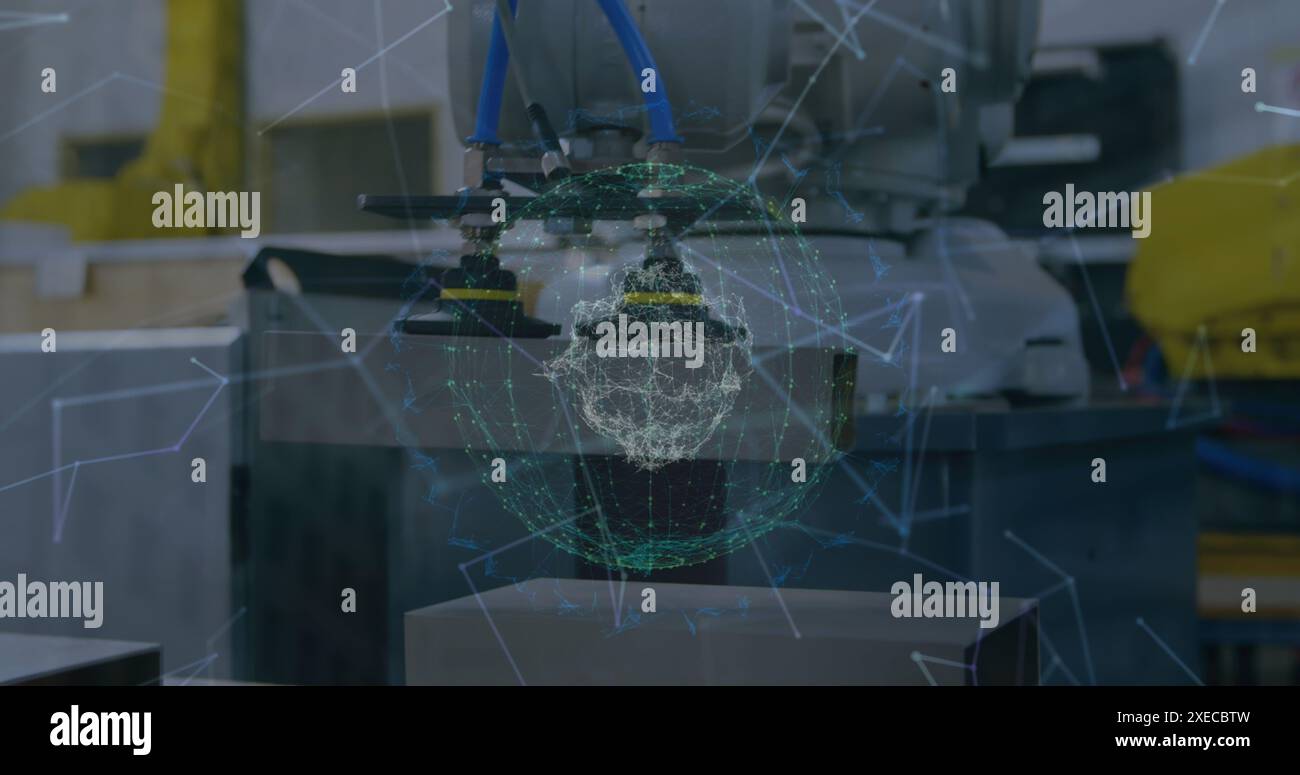 Image of network of connections over machines in lab Stock Photo