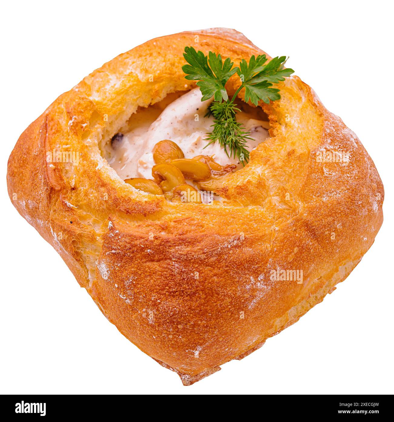 cream soup in bread isolated on white Stock Photo Alamy