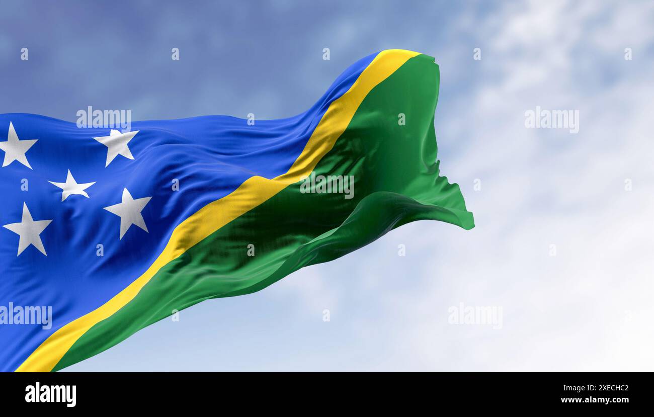 Detail of the national flag of Solomon Islands waving in the wind on a ...