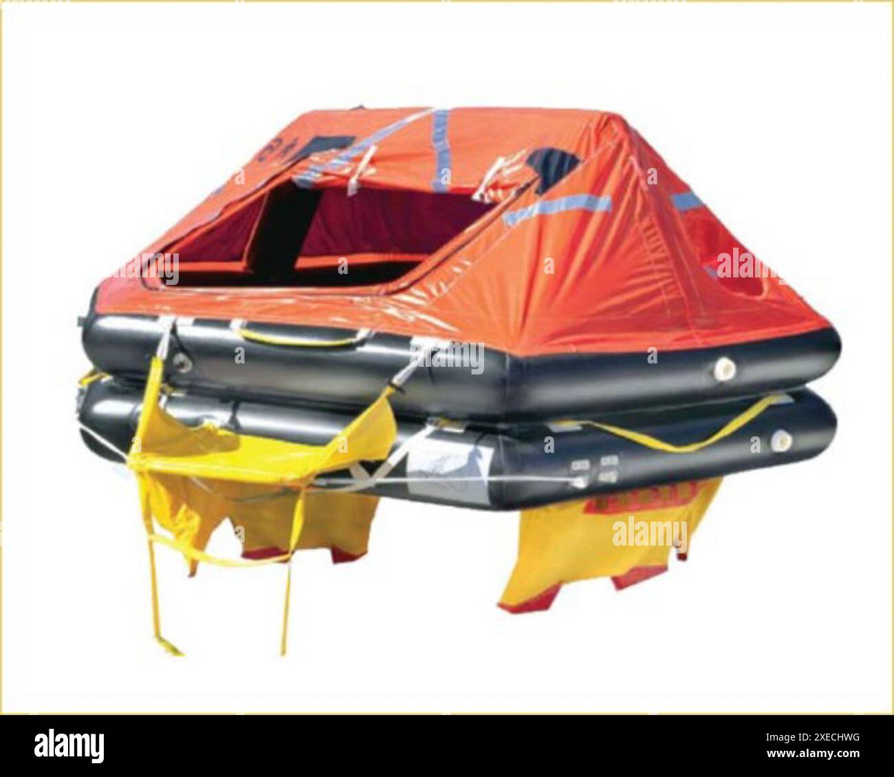 Photo of an inflated liferaft. The rectangularshaped raft hull is black, and it has an orange
