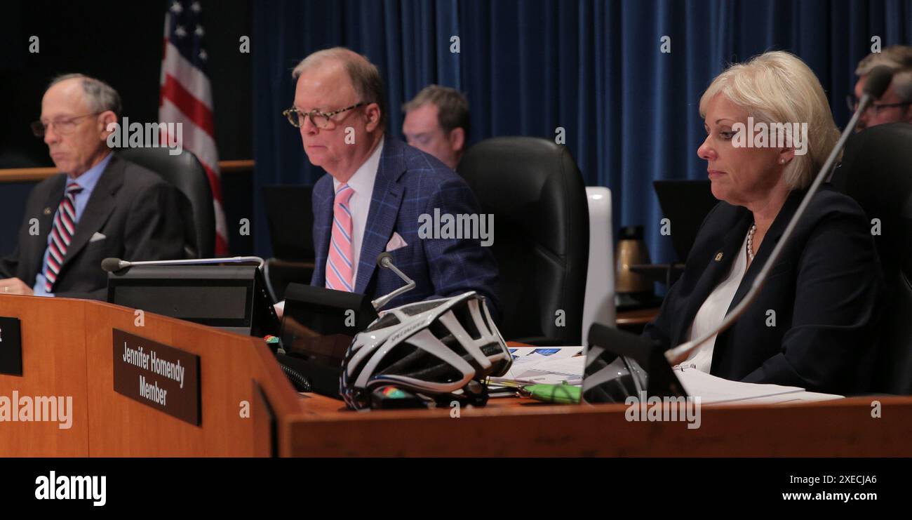 WASHINGTON (Nov. 5, 2019) — National Transportation Safety Board members Bruce Landsberg, Robert Sumwalt and Jennifer Homendy listen to investigators present findings of safety research report, 'Bicyclist Safety on U.S. Roadways: Crash Risks and Countermeasures,' during a public meeting. . Stock Photo