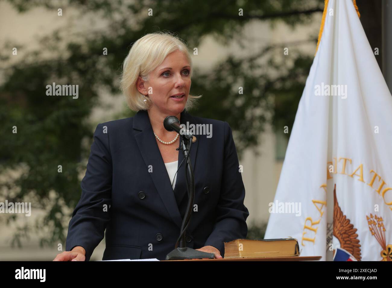 WASHINGTON (Aug. 13, 2021) — The Honorable Jennifer L. Homendy, the National Transportation Safety Board’s 15th Chair, delivers remarks following an outdoor ceremony at NTSB Headquarters Friday during which Alfonso Montaño, the NTSB’s Chief Administrative Law Judge (not pictured) administered the oath of office. In her remarks, Homendy said, “We are in a time of dynamic change and growth within transportation – from automated vehicles to commercial space. This means that our mission to prevent tragedies and injuries and save lives is even more critical. The country needs a robust and energetic Stock Photo