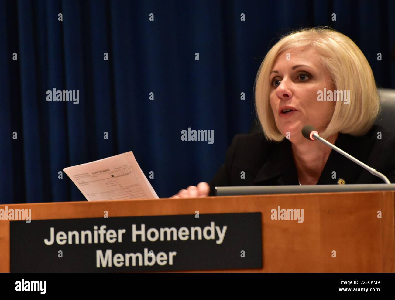 WASHINGTON (Oct. 30, 2018) — National Transportation Safety Board member Jennifer Homendy poses a question to investigative staff during a public meeting held at the NTSB’s headquarters in Washington, Tuesday. The board met to determine the probable cause of the March 10, 2017, Union Pacific Railroad train derailment near Graettinger, Iowa. Graettinger Board Meeting WASHINGTON (Oct. 30, 2018) — National Transportation Safety Board member Jennifer Homendy poses a question to investigative staff during a public meeting held at the NTSB’s headquarters in Washington, Tuesday. The board met to dete Stock Photo