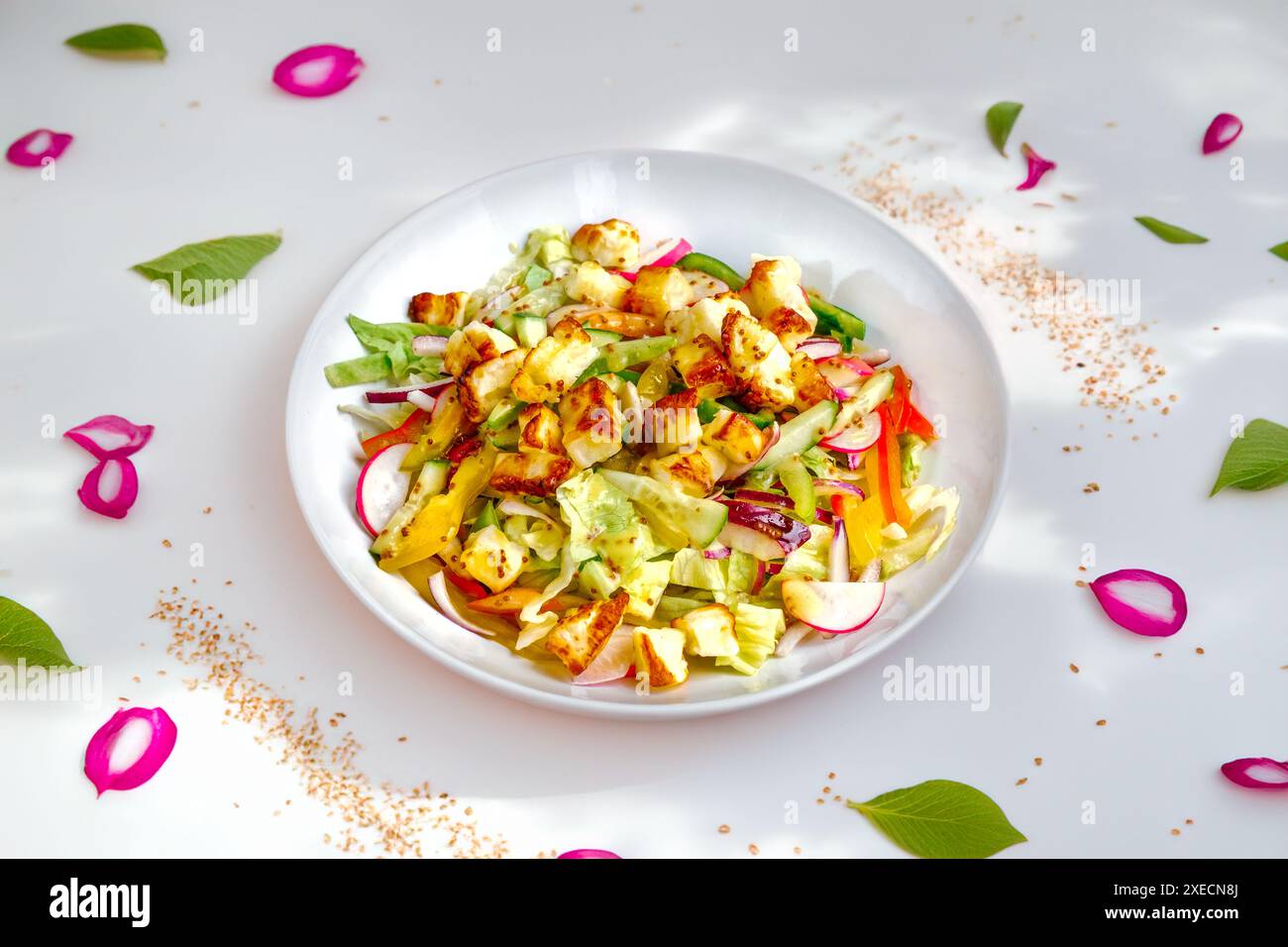 A vibrant salad featuring grilled halloumi cheese and a variety of fresh vegetables, served in a white bowl with scattered leaves and petals. Stock Photo